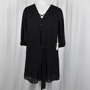 NWT IZ Byer Size L Black Long Sleeved Sheer with Lining Dress with Belt